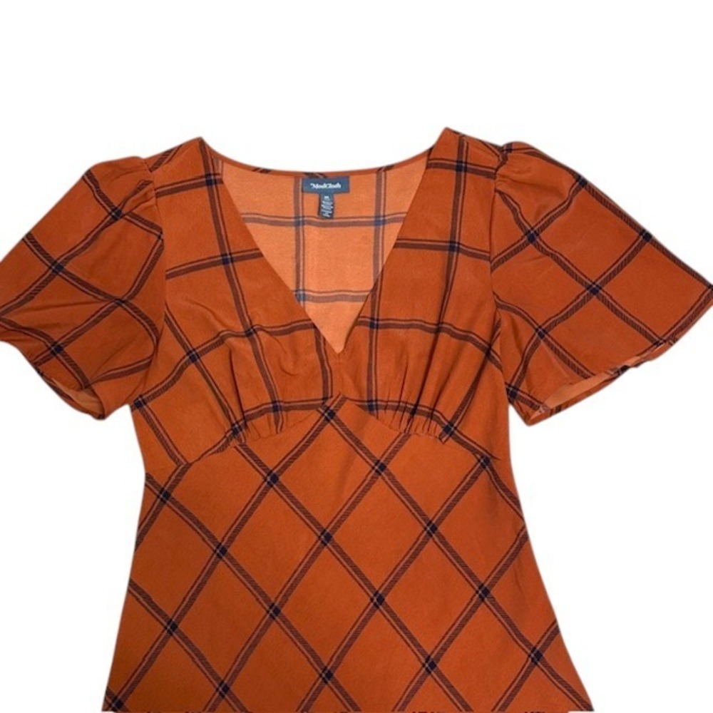 ModCloth Orange Plaid Flutter Sleeve V Neck Midi Dress Womens‎ M - Picture 7 of 16